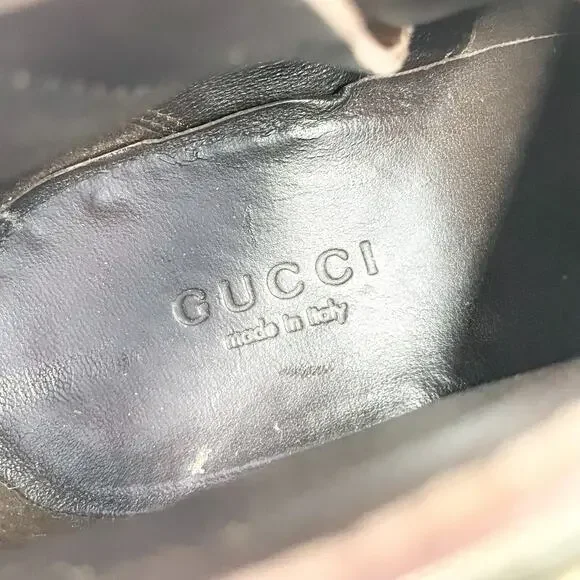 Gucci GG Booties Brown Monogram Patent Stiletto Gold Bow Cap Toe Sz 36 / 6
